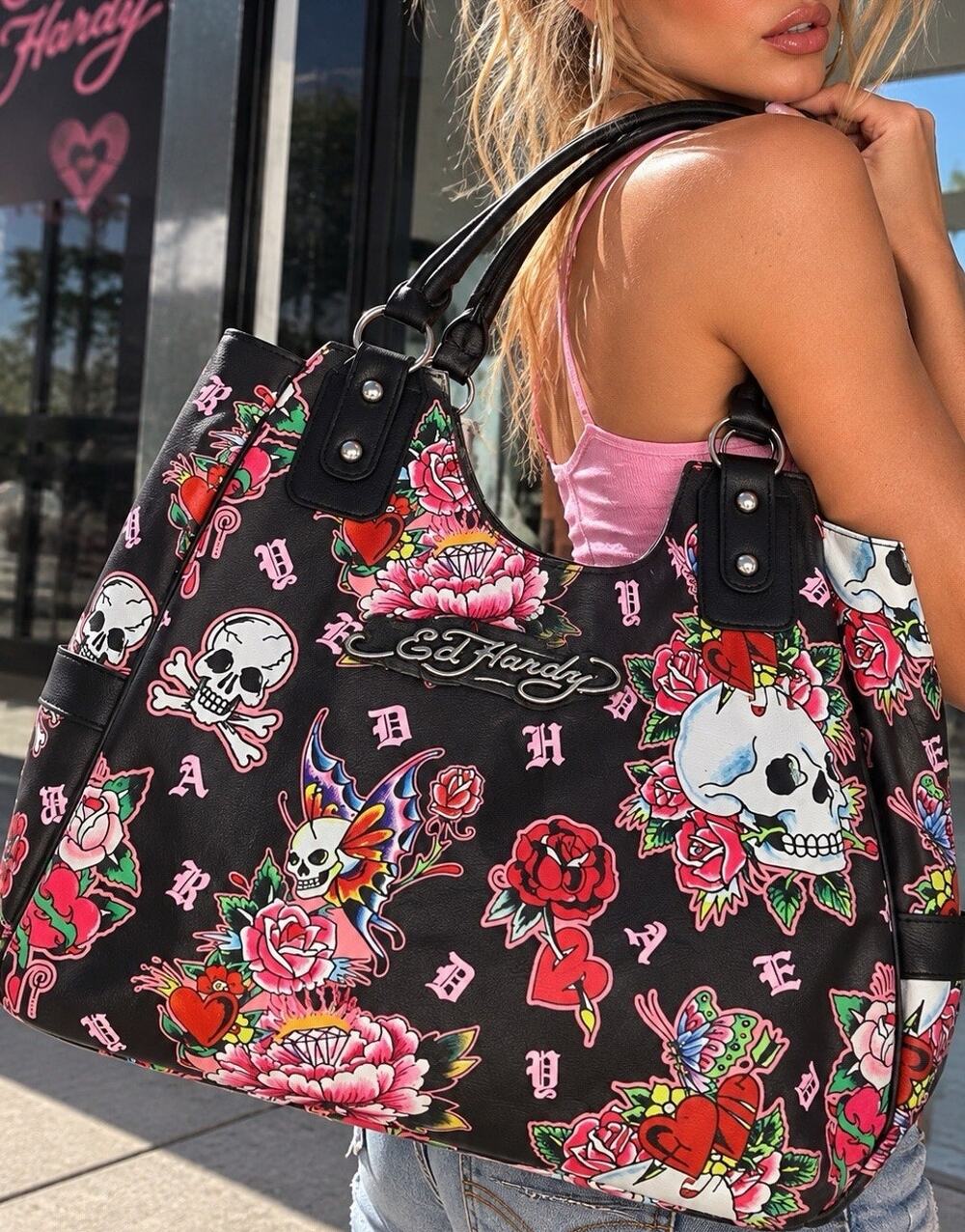Ed Hardy Y2K Handbag Tote Purse Black Skulls Hearts Roses Tattoo NWT New Gift